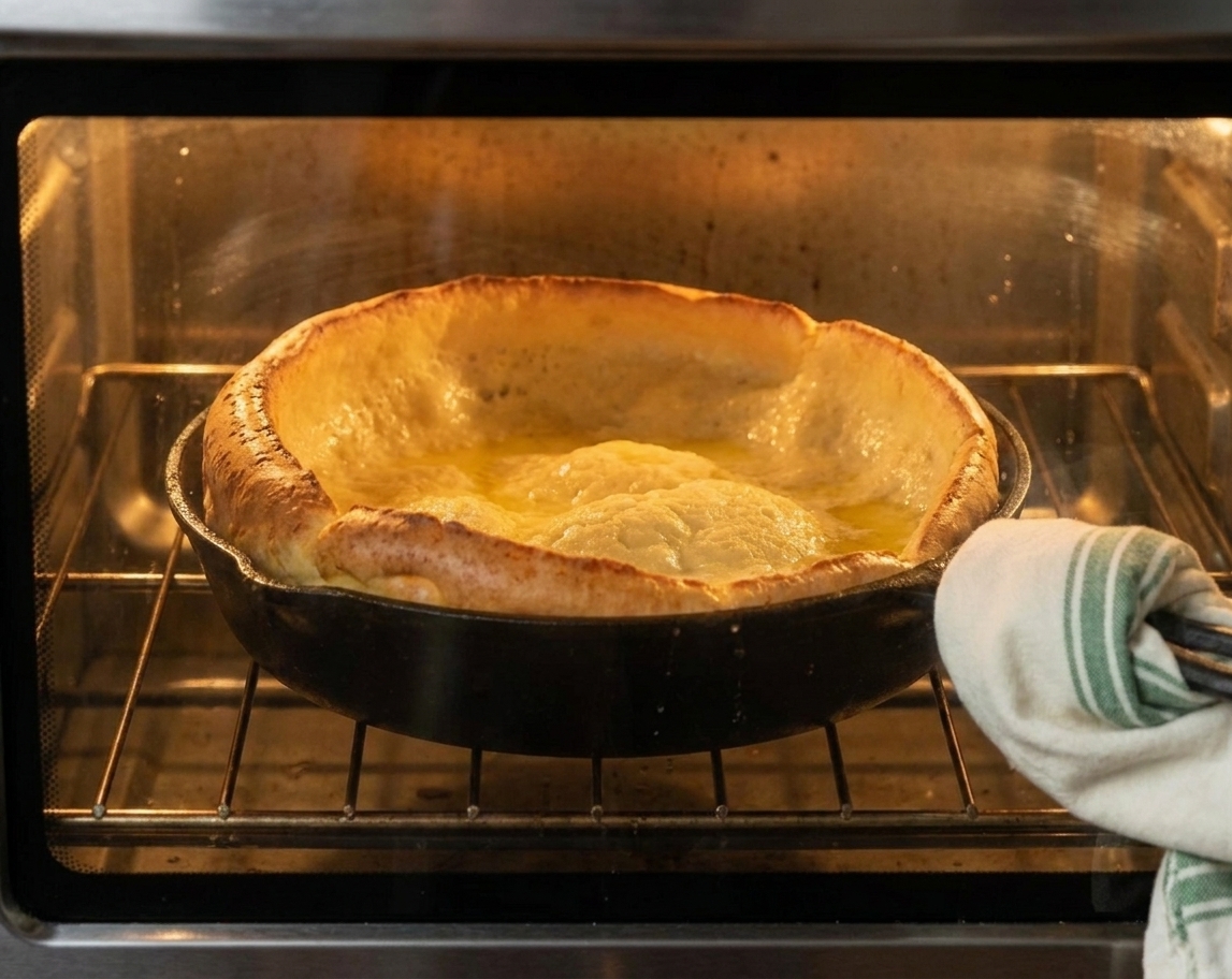 A cast iron skillet holding a Dutch baby pancake puffing up in an oven, viewed through the oven door window
