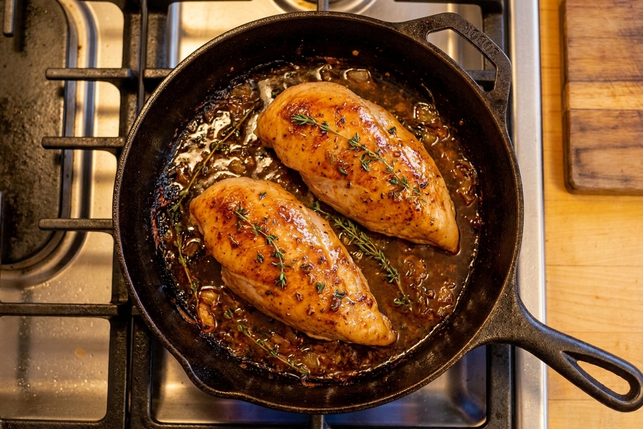 A cast iron skillet holding golden-brown pheasant breasts with a glossy apple cider pan sauce and thyme sprigs on a warm kitchen stove