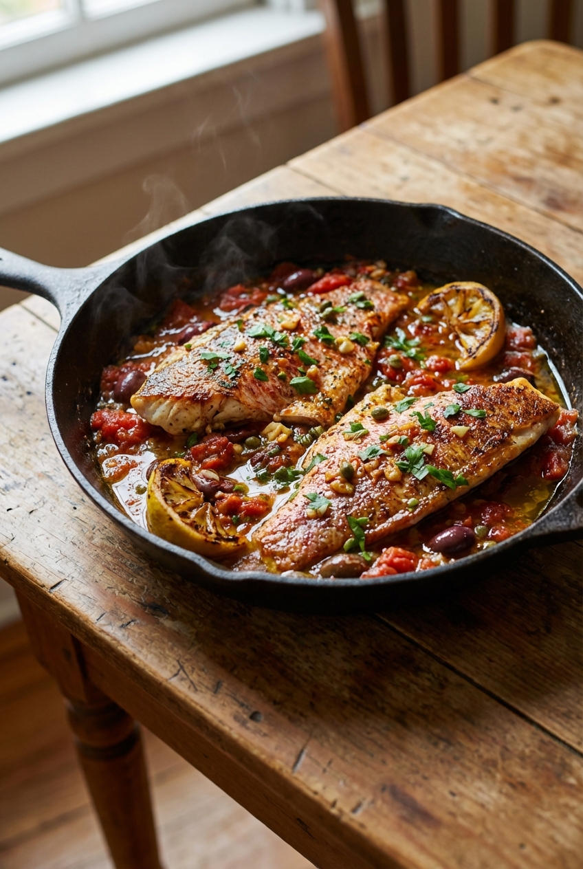 Rustic Red Snapper with Tomato Olive Pan Sauce