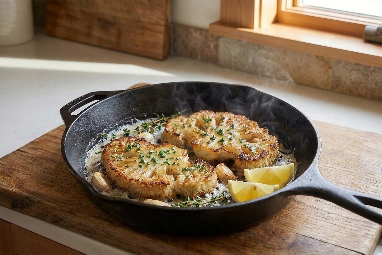 A cast iron skillet holding two thick lion’s mane mushroom steaks with deeply browned edges, foaming garlic butter, and lemon wedges on a warm kitchen counter
