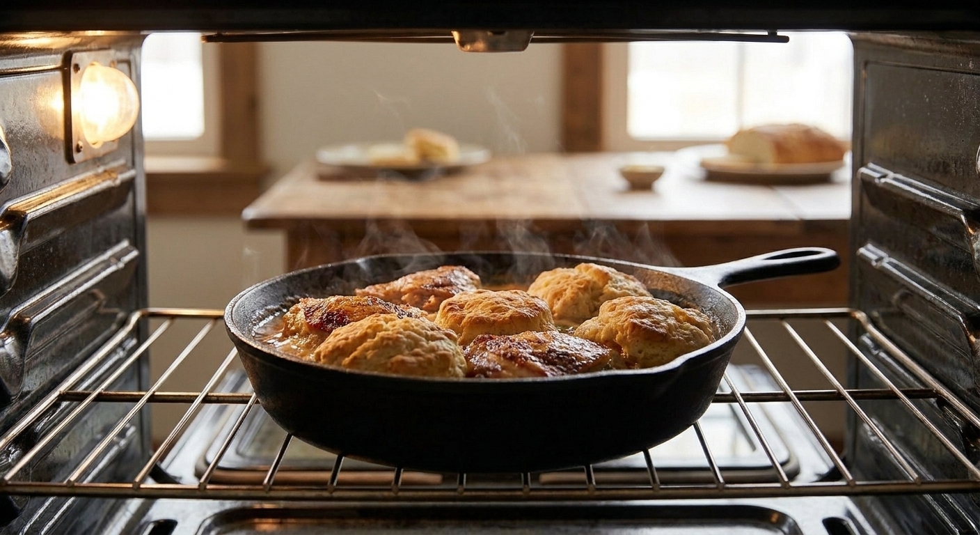 A cast iron skillet in an oven with drop biscuits rising and browning over chicken and bubbling sauce