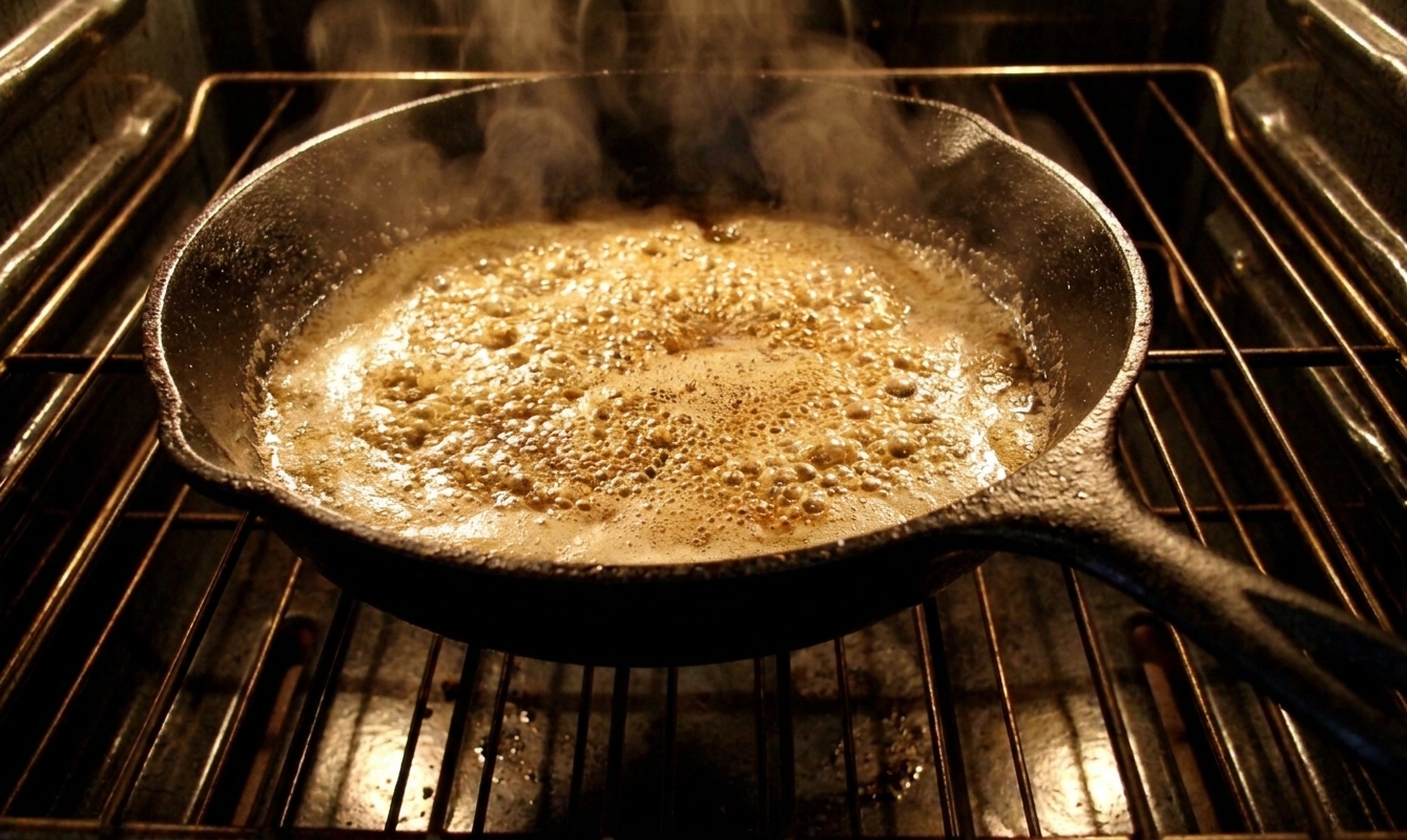 A cast iron skillet in the oven with butter sizzling and foaming, ready for cornbread batter