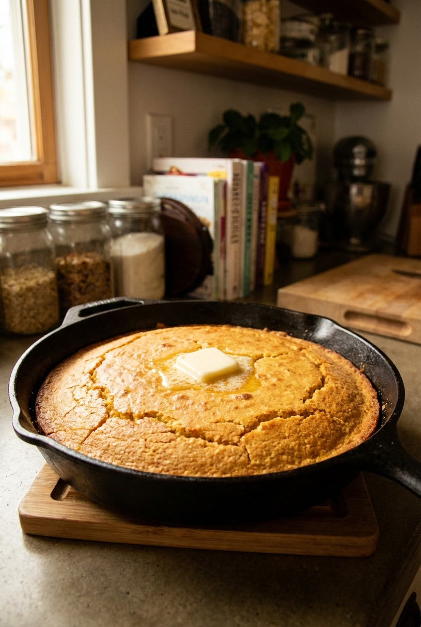 A cast iron skillet of cornbread just out of the oven with a pat of butter on top