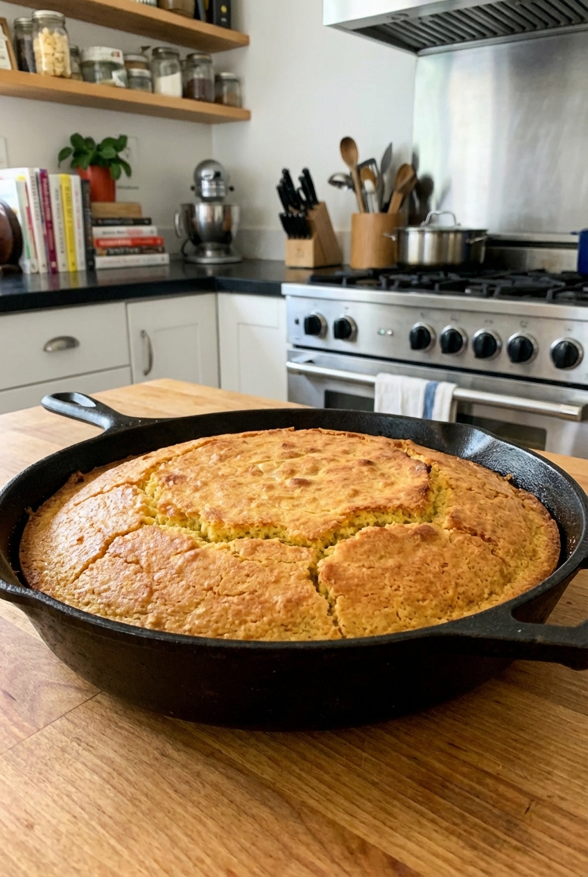 A cast iron skillet of cornbread with a golden crust