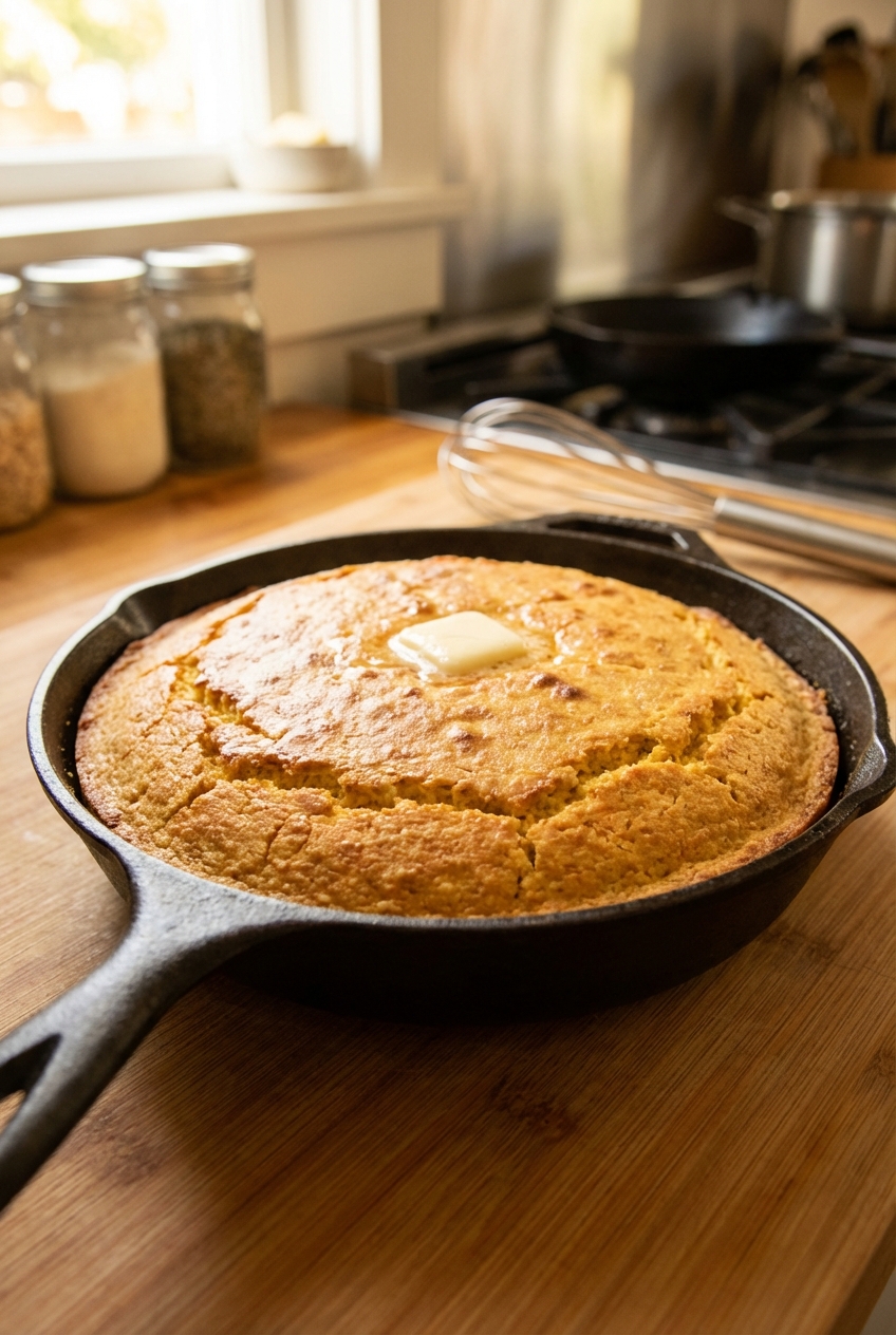 A cast-iron skillet of cornbread with a golden crust