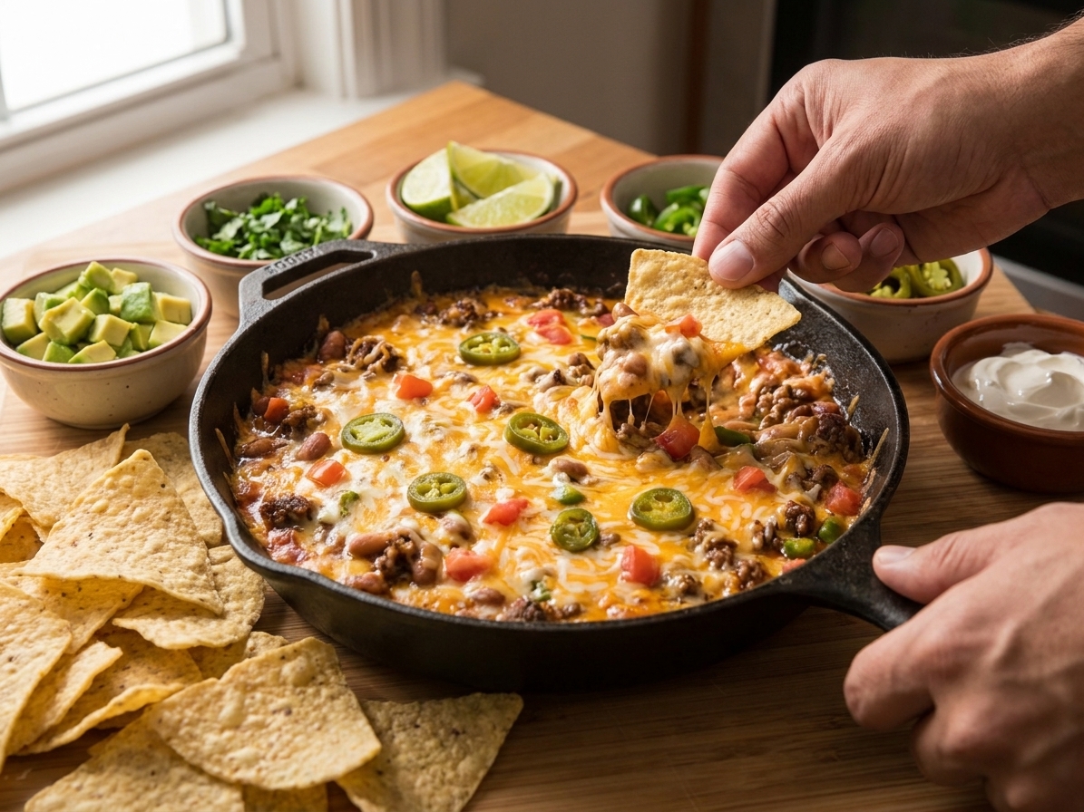 A cast iron skillet of finished nacho dip on a wooden table with tortilla chips and small bowls of toppings
