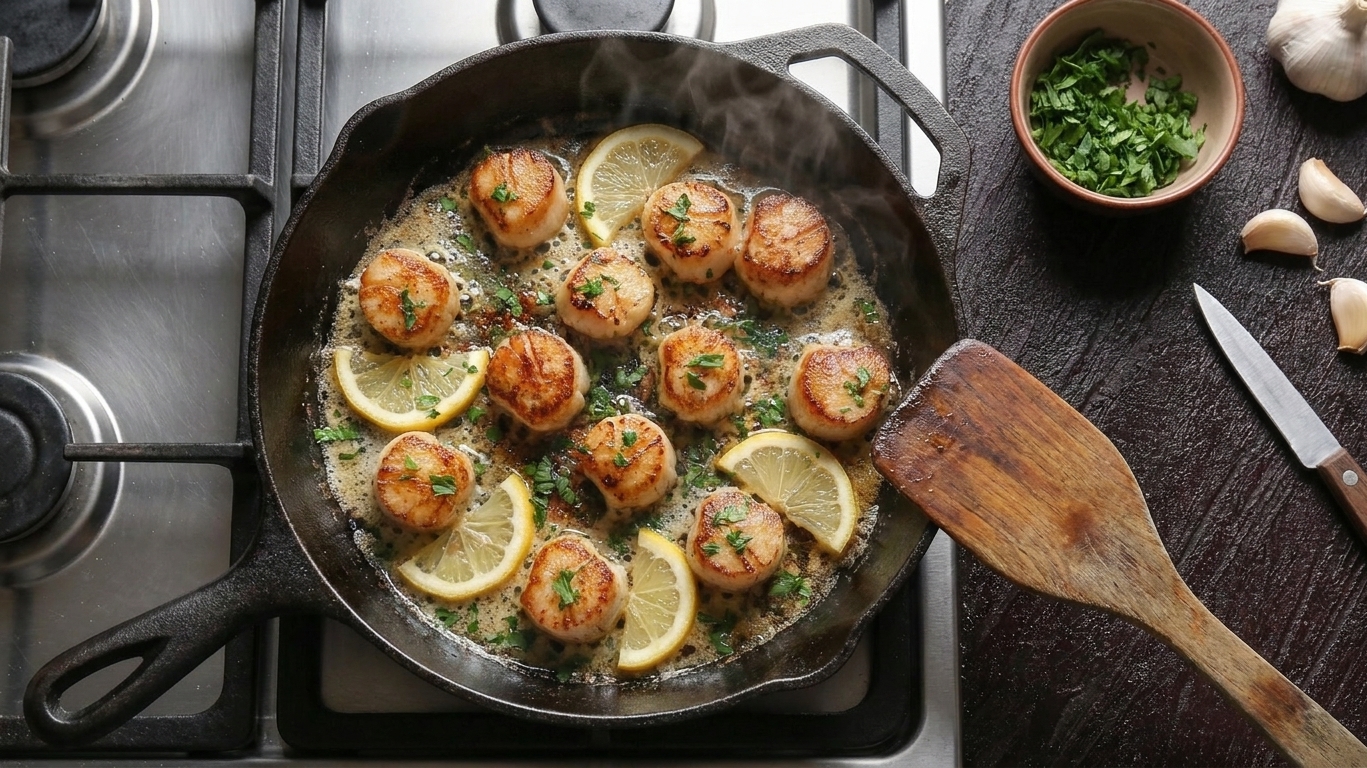 A cast iron skillet of garlic butter bay scallops with browned edges, lemon slices, and chopped parsley on a warm kitchen stove