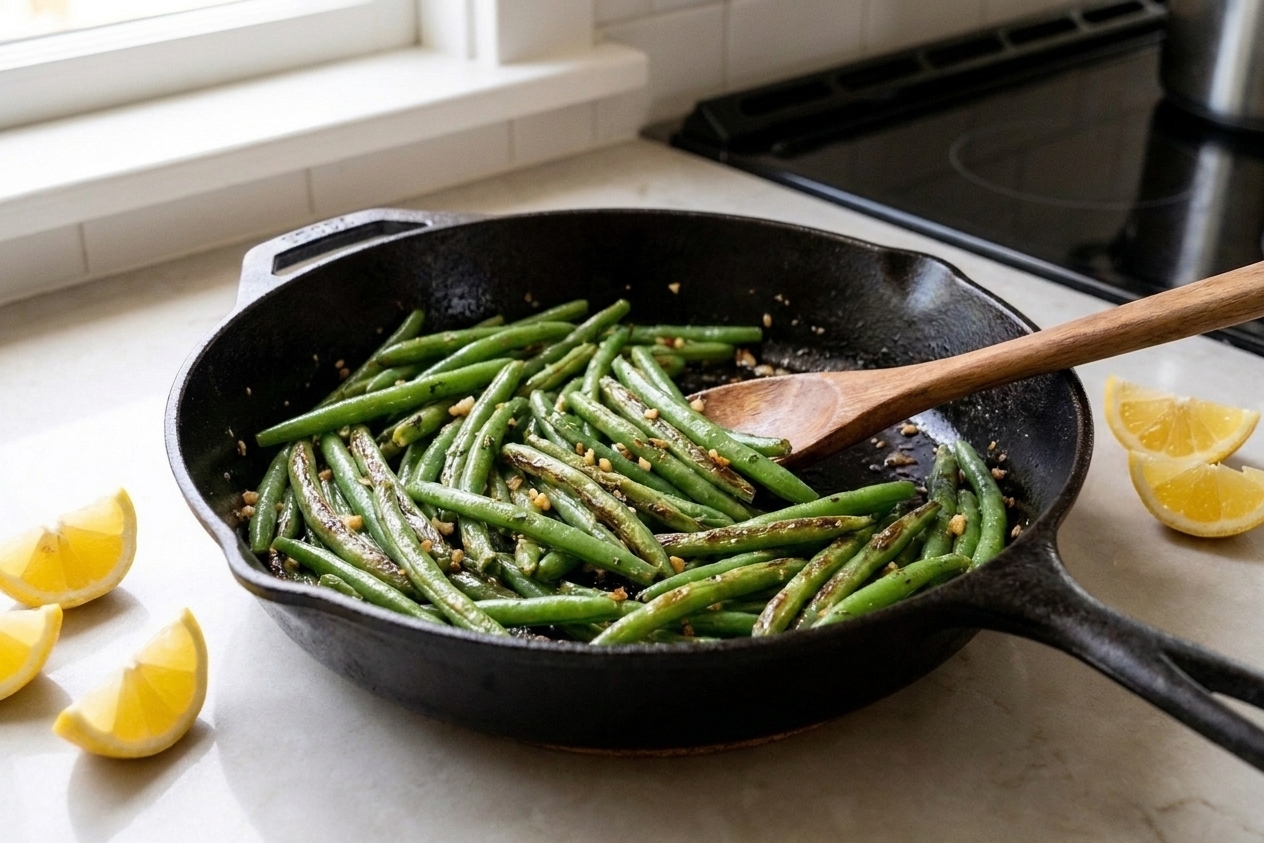 A cast iron skillet of garlicky butter green beans with lightly crisped edges, lemon wedges on the side, and a wooden spoon resting on a neutral kitchen counter in warm natural light