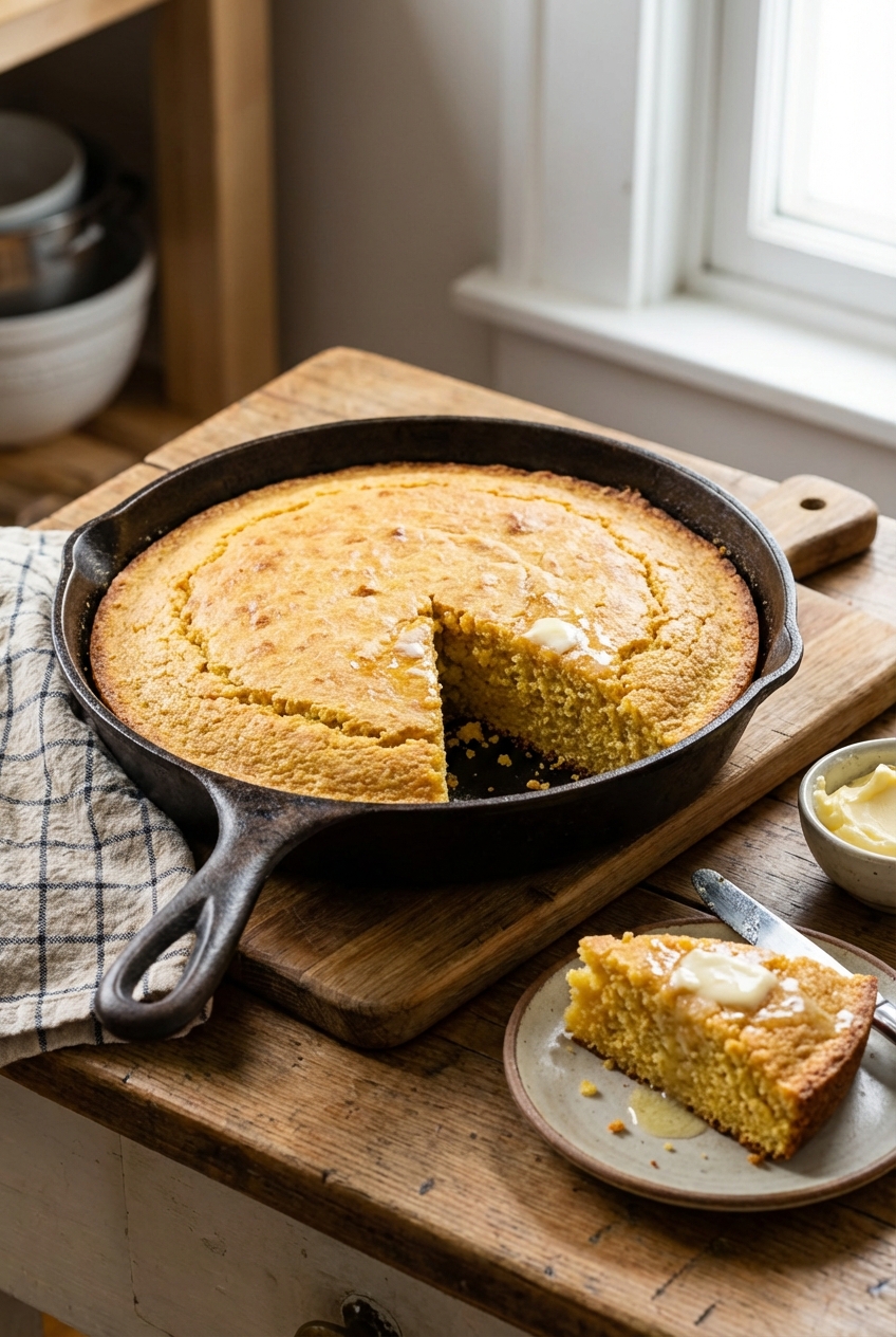 A cast iron skillet of golden cornbread with a slice cut out