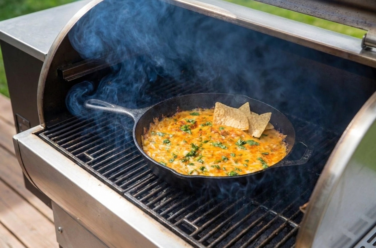 A cast iron skillet of melting queso sitting on a smoker grate with wisps of smoke rising