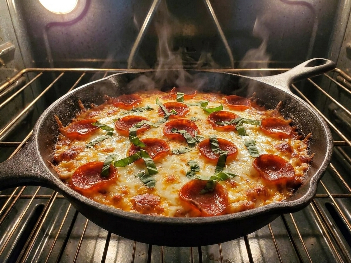 A cast iron skillet of pizza dip baking in the oven with cheese melted and bubbling at the edges