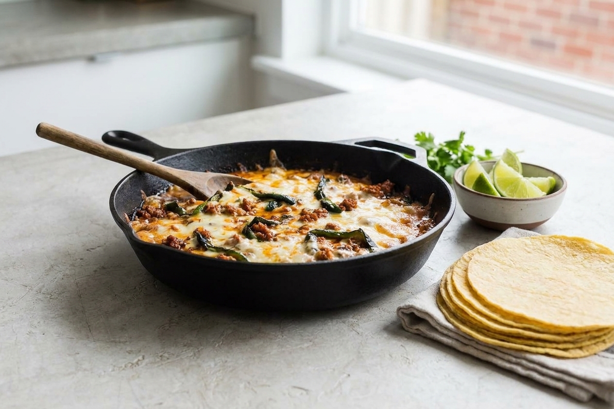 A cast iron skillet of queso fundido on a table with warm tortillas and lime wedges ready for serving