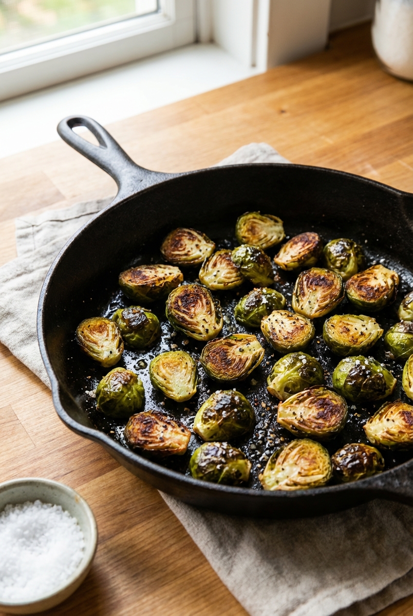 A cast iron skillet of roasted Brussels sprouts with browned edges