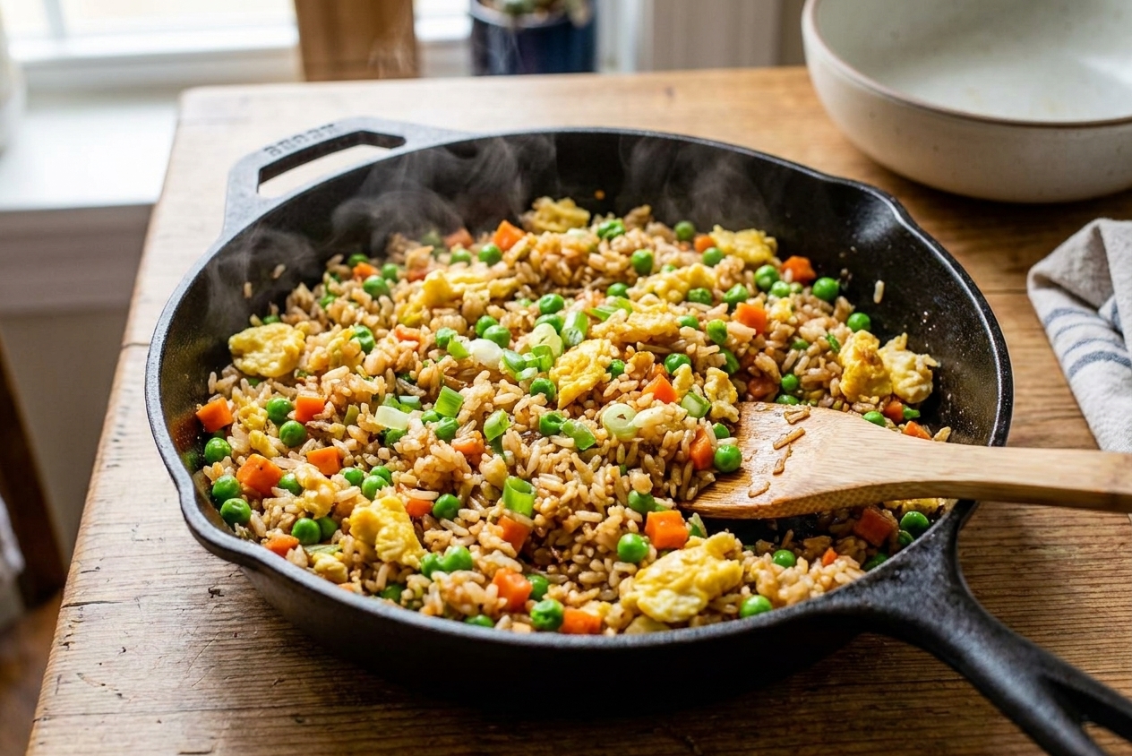 A cast iron skillet of stir-fry rice with peas, carrots, scrambled egg, and scallions, glossy from soy sauce, photographed on a warm kitchen counter