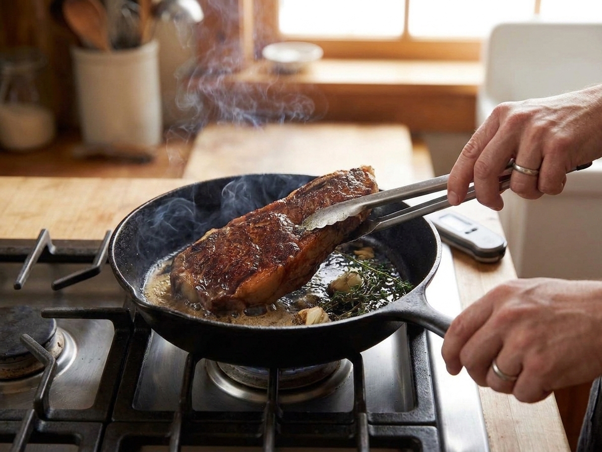 A cast iron skillet on a clean home stove with warm kitchen lighting and simple tools like tongs and a thermometer nearby