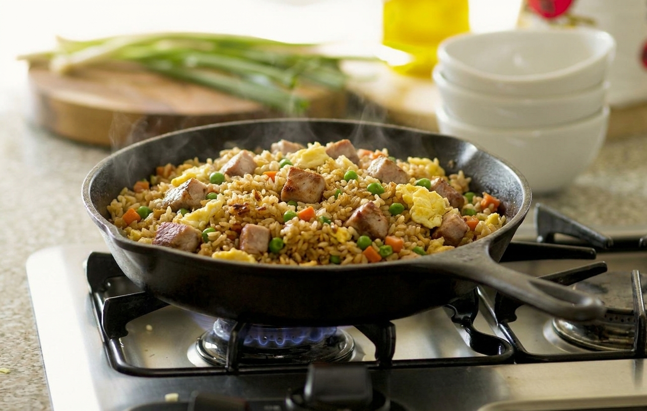A cast iron skillet on a home stove filled with pork fried rice, with browned rice bits, diced pork loin, peas, carrots, and scrambled egg, warm kitchen lighting