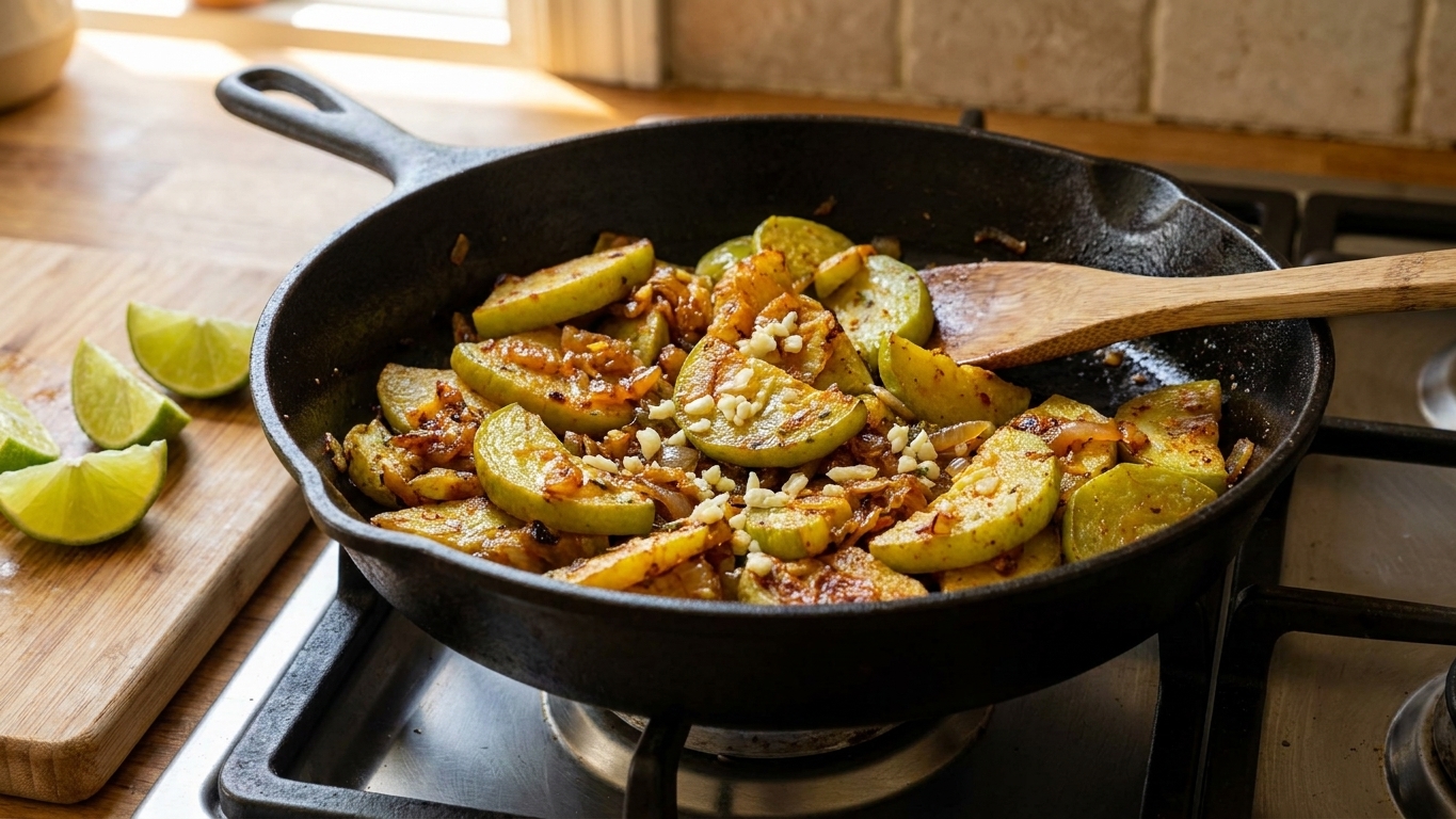 A cast iron skillet on a home stove filled with sautéed guisquil (chayote) wedges with browned edges, minced garlic, and fresh lime wedges nearby, warm kitchen lighting