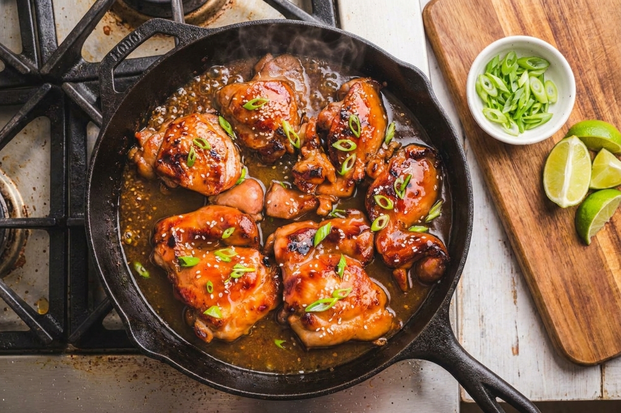 A cast iron skillet on a home stove holding glossy, caramelized chicken thighs with a sticky glaze, with a small bowl of sliced scallions and lime wedges nearby, warm kitchen lighting