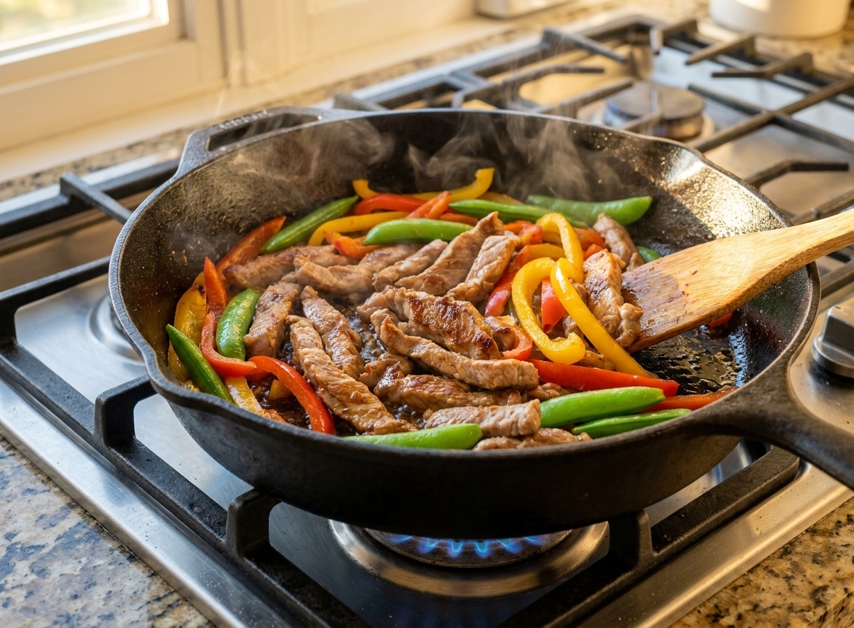 A cast iron skillet on a home stove with thinly sliced pork browning alongside colorful bell peppers and snap peas, steam rising in warm kitchen light