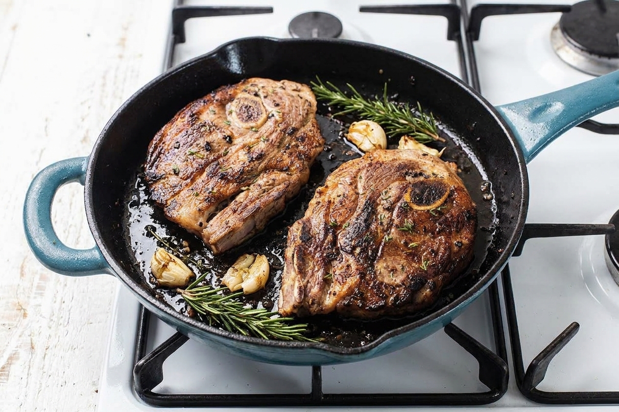 A cast iron skillet on a home stove with two mutton shoulder chops seared deep brown, rosemary and garlic in the pan, and a small pool of glossy pan sauce under warm kitchen lighting