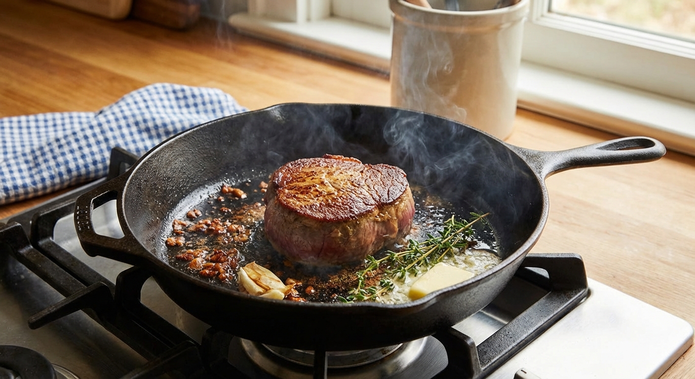 A cast iron skillet on a stove with round steak searing and browned bits forming in the pan