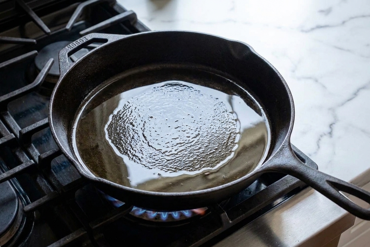 A cast iron skillet on a stove with shimmering oil heating, ready for searing