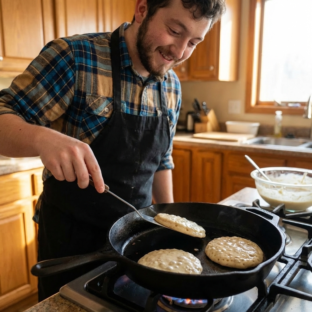 A cast iron skillet on a stove with three sourdough pancakes cooking, bubbles forming on the surface, and a thin spatula sliding under one pancake, warm kitchen lighting