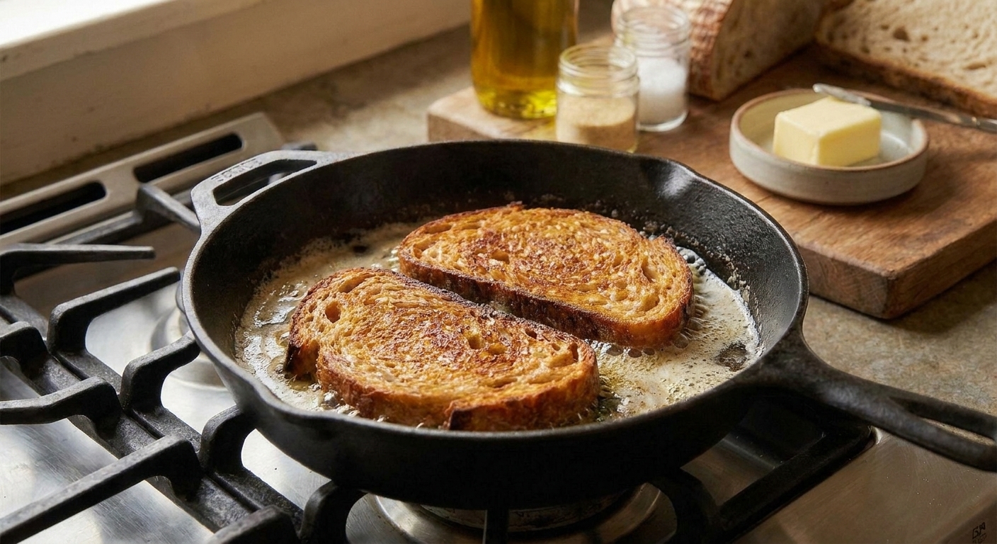 A cast iron skillet on a stove with two thick slices of bread frying to a deep golden brown with crisp edges in warm kitchen lighting