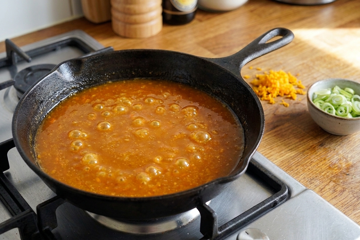A cast iron skillet on a stovetop filled with glossy orange chicken sauce gently simmering, with orange zest and sliced scallions nearby on a warm-toned kitchen counter