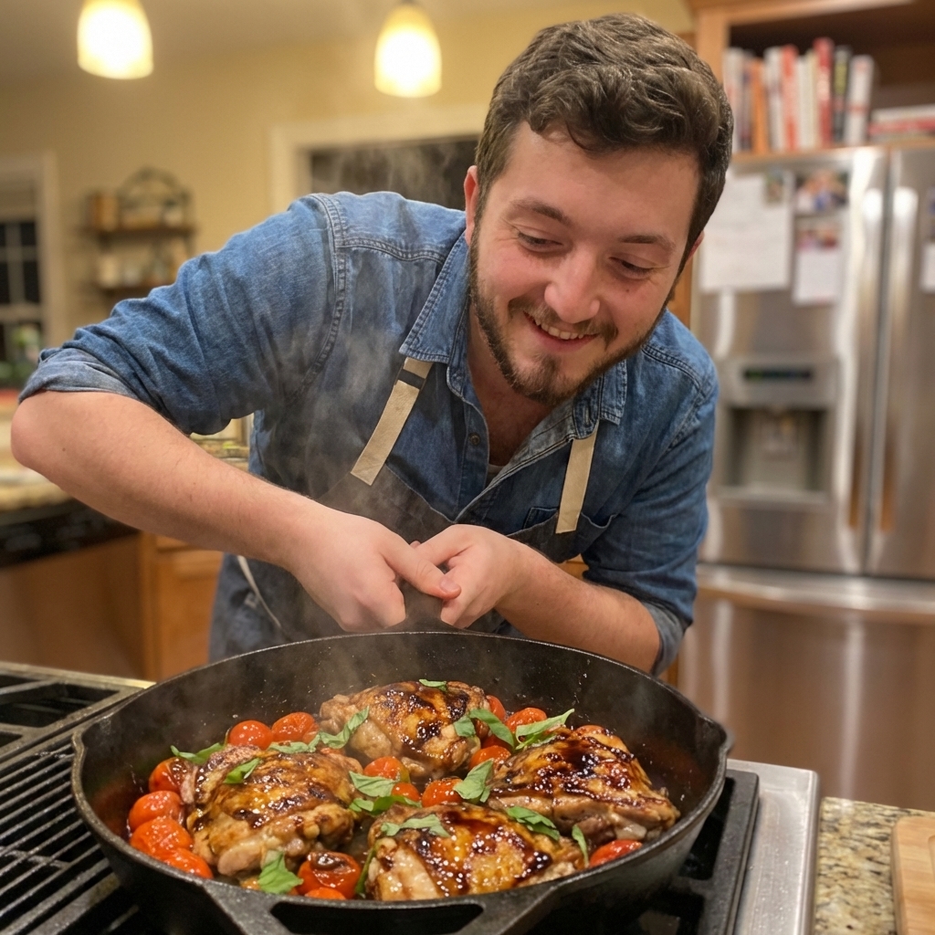 A cast iron skillet on a stovetop filled with pan-seared chicken thighs coated in a glossy balsamic glaze, blistered cherry tomatoes around the chicken, and fresh basil leaves scattered on top, warm kitchen lighting, photorealistic
