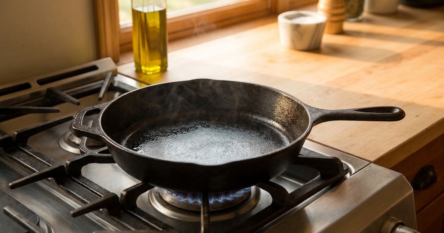 A cast iron skillet on a stovetop heating over a burner, ready for oil, with a clean kitchen counter in the background