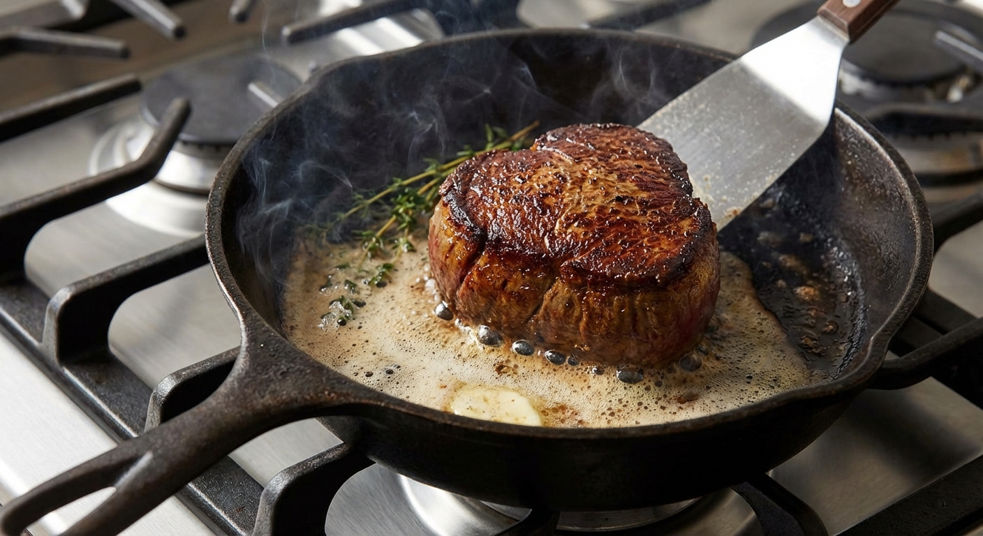 A cast iron skillet on a stovetop with a filet mignon developing a dark golden crust in sizzling butter