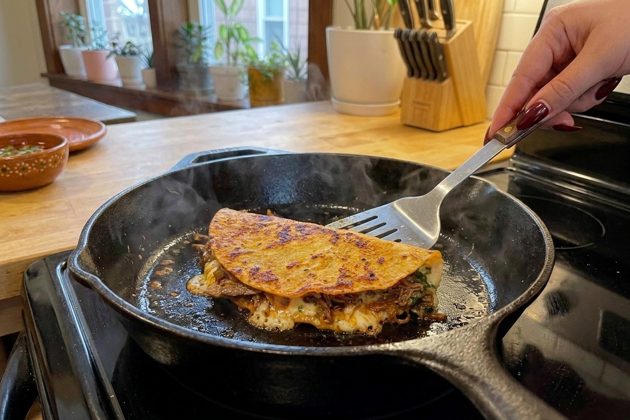 A cast iron skillet on a stovetop with a quesabirria taco frying until crisp and browned, with melted cheese bubbling at the edge and a spatula nearby