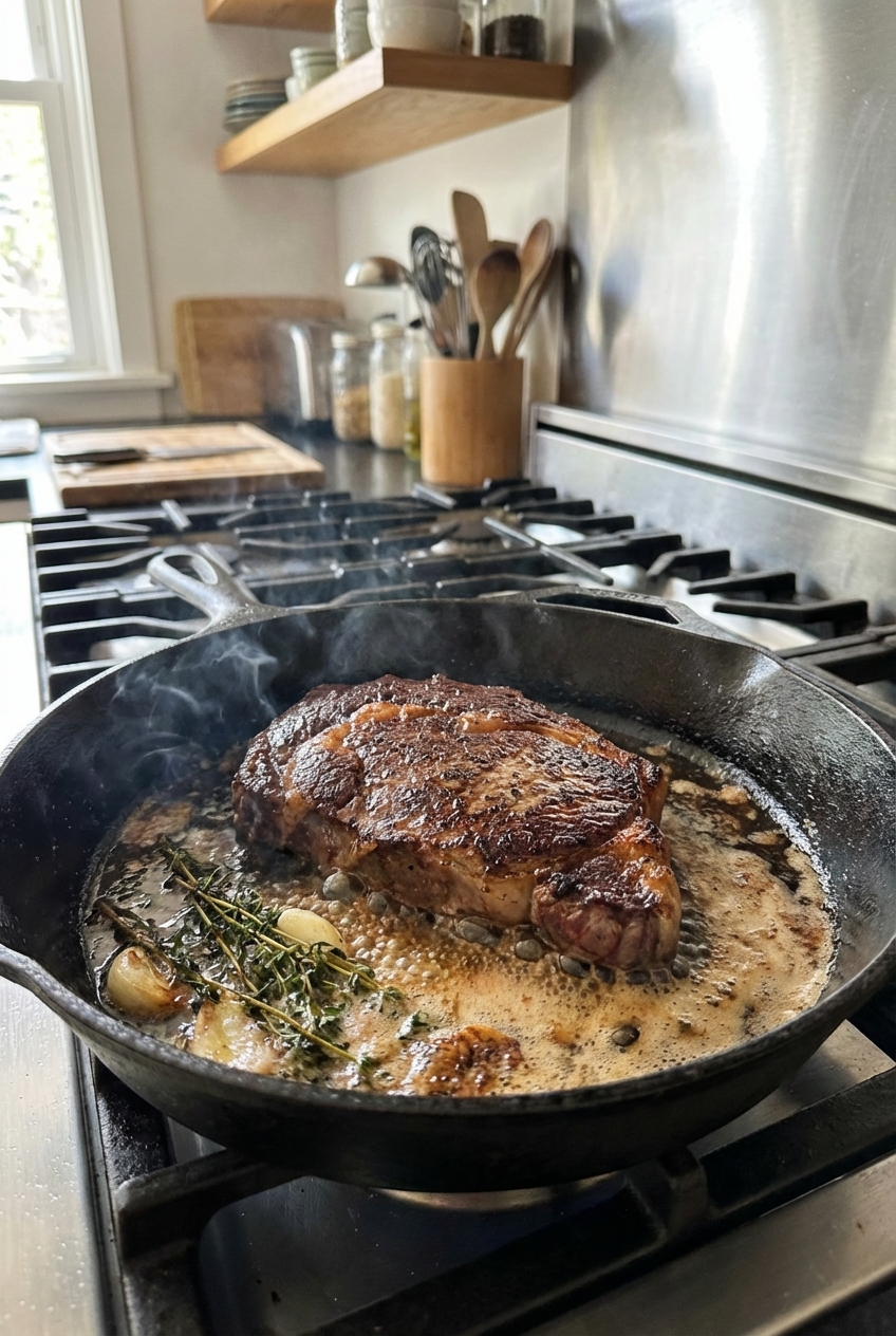 A cast iron skillet on a stovetop with a ribeye steak searing in oil, with browned butter foaming at the edges