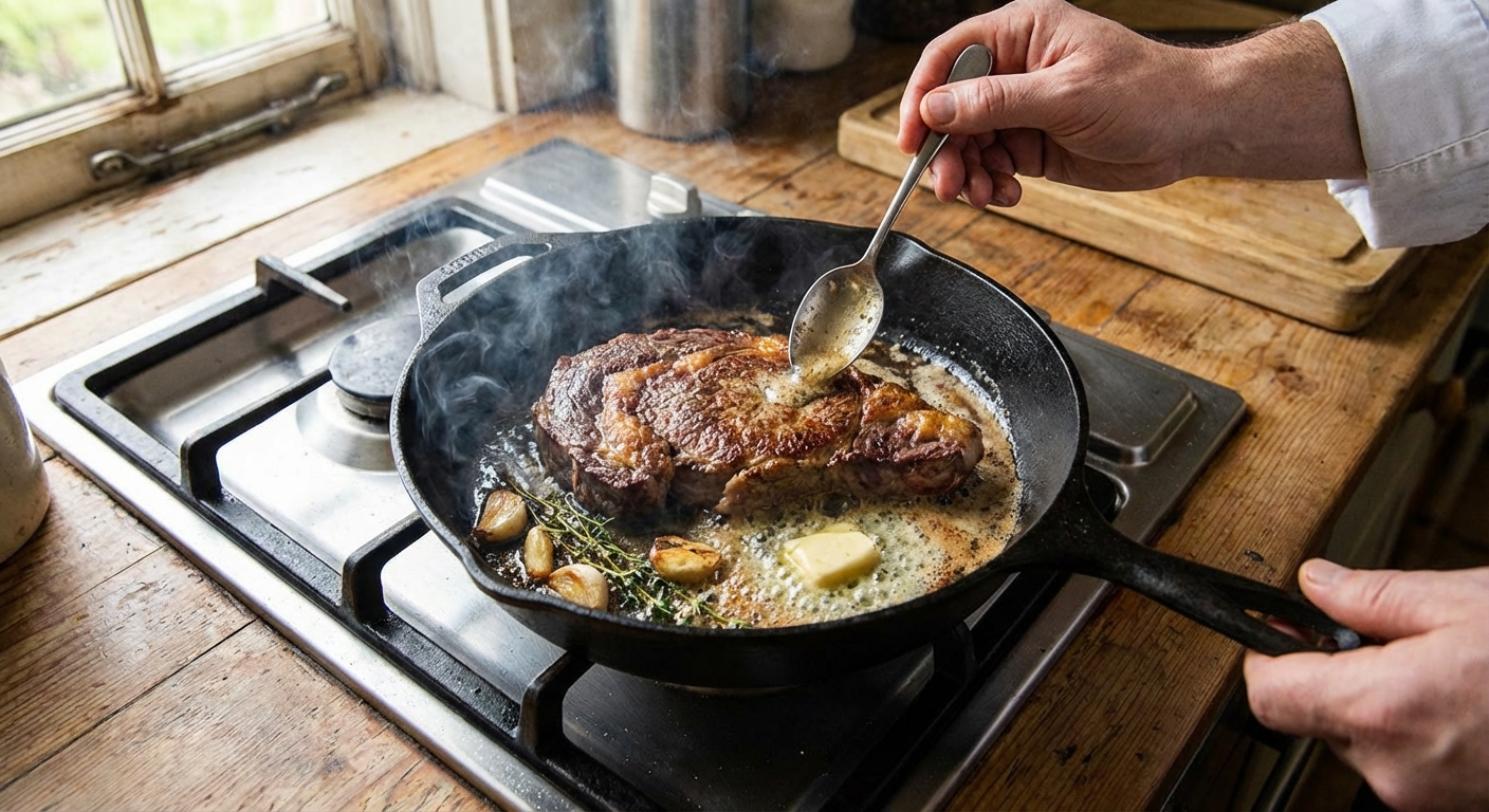 A cast iron skillet on a stovetop with a steak being seared, butter foaming with garlic and thyme