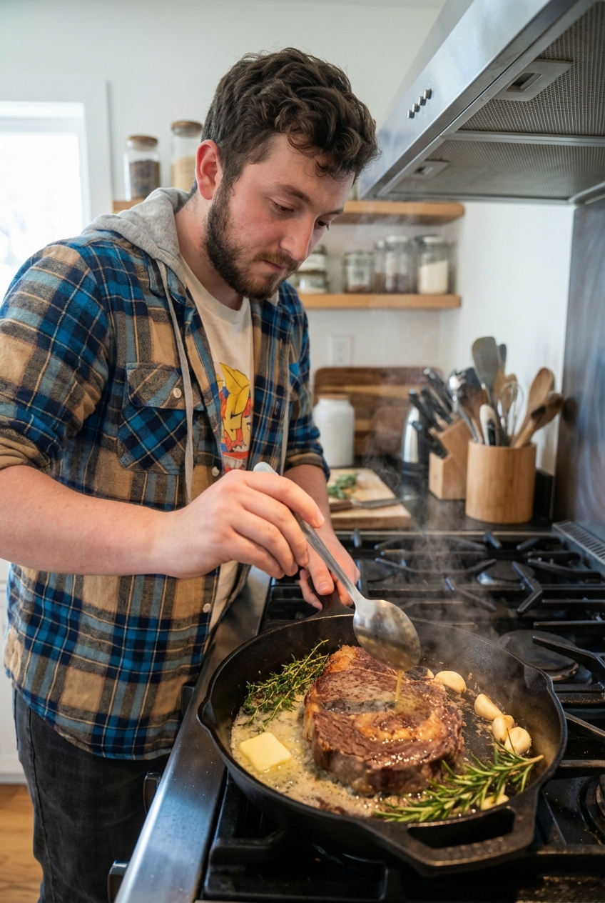 A cast iron skillet on a stovetop with a steak searing in bubbling butter and aromatics