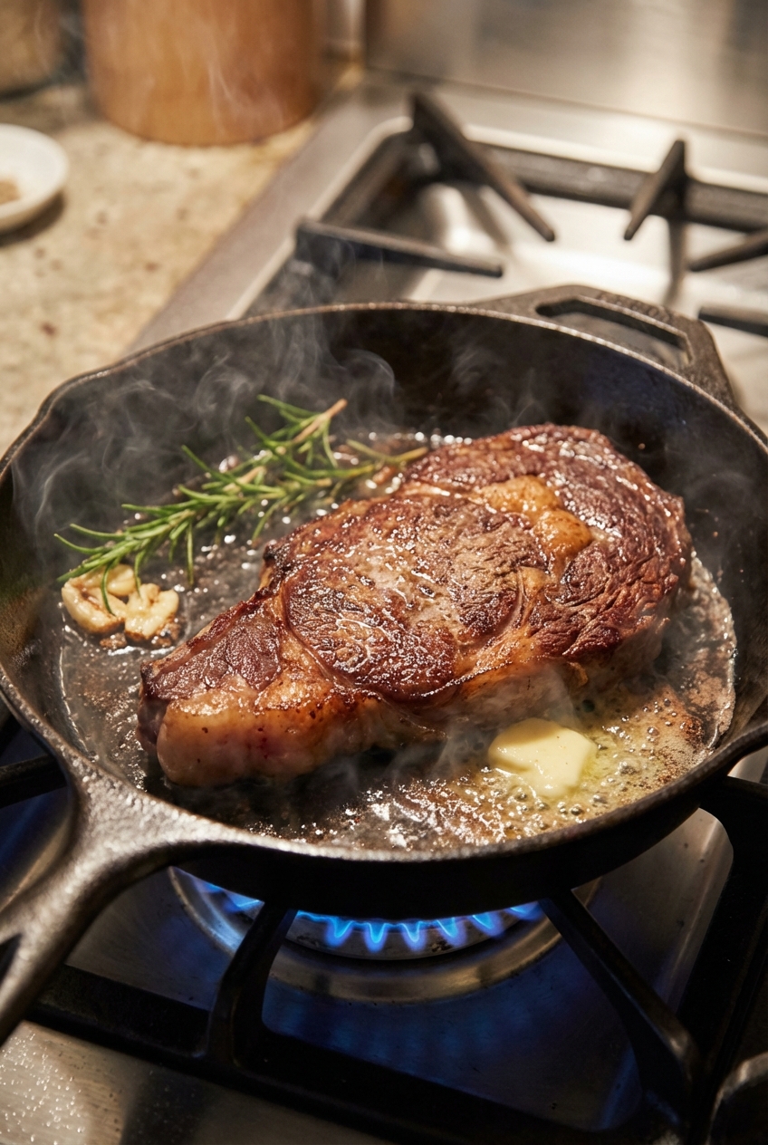 A cast iron skillet on a stovetop with a steak searing and developing a browned crust