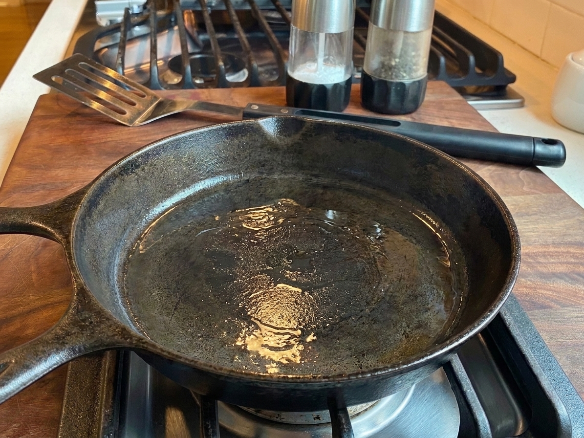 A cast iron skillet on a stovetop with a thin sheen of oil shimmering as it heats
