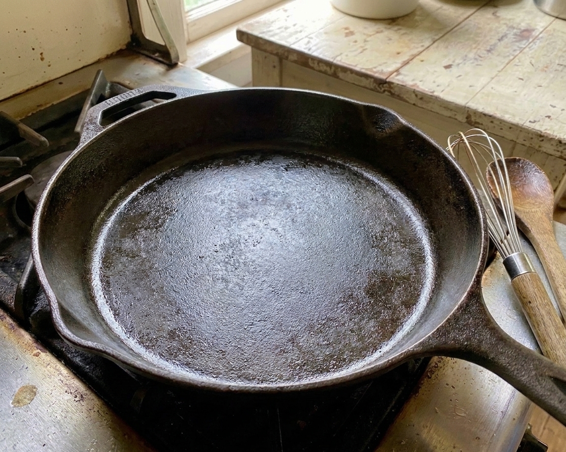 A cast iron skillet on a stovetop with a whisk and wooden spoon nearby, ready for making gravy in a home kitchen
