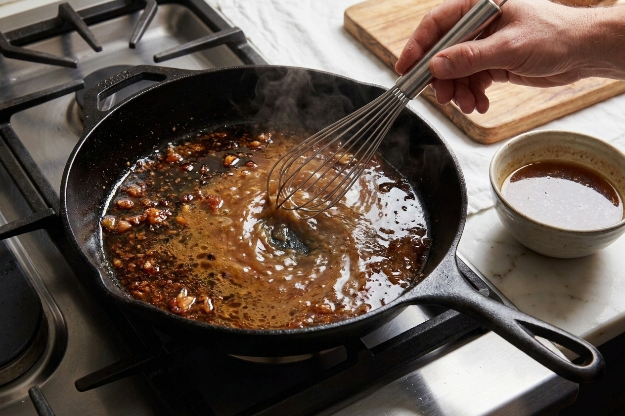 A cast iron skillet on a stovetop with chicken drippings simmering as broth is whisked in to create a glossy pan sauce