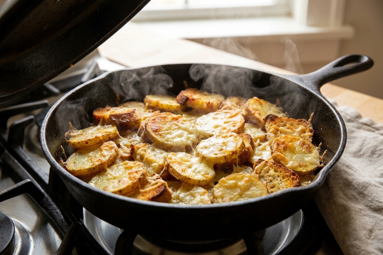 A cast iron skillet on a stovetop with crispy potatoes and toasted bread chunks under melted cheese, just after the lid is lifted