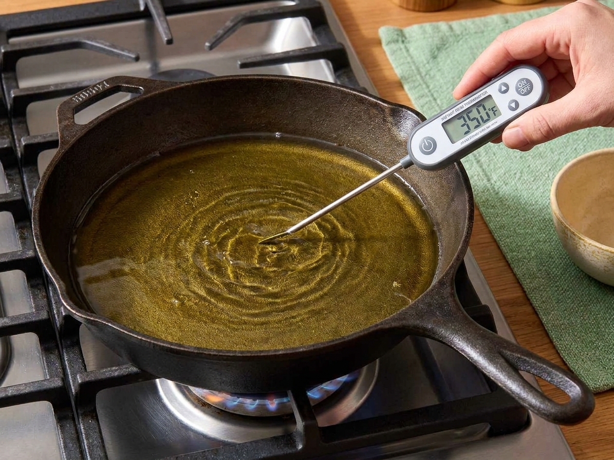 A cast iron skillet on a stovetop with oil heating, with an instant-read thermometer checking the temperature