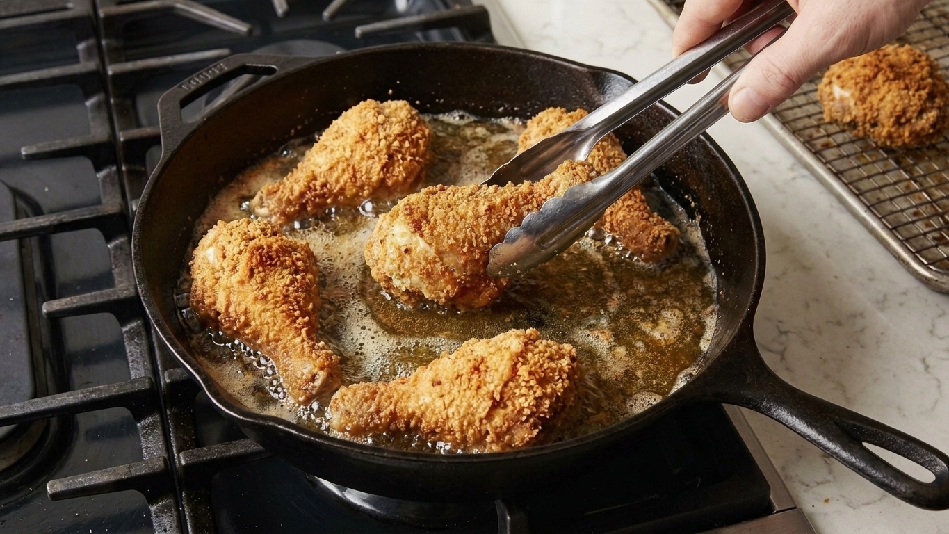 A cast iron skillet on a stovetop with pieces of fried chicken turning deep golden brown in bubbling oil, with a wire rack set on a sheet pan nearby