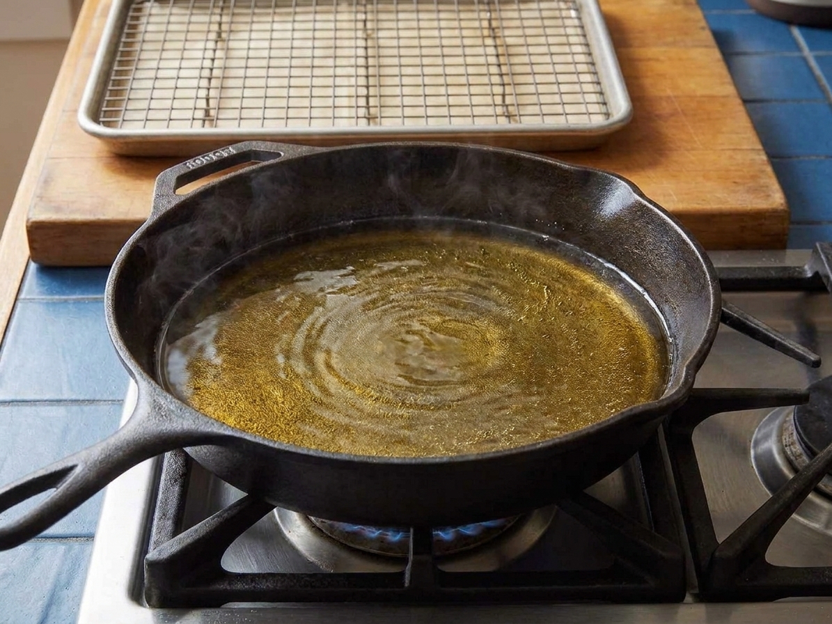 A cast iron skillet on a stovetop with shimmering oil ready for frying, with a wire rack set over a sheet pan in the background