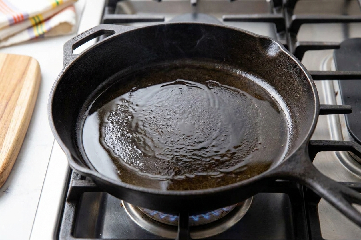 A cast iron skillet on a stovetop with shimmering oil, ready for searing