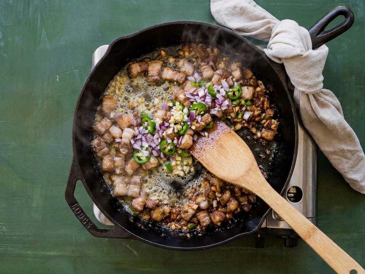 A cast iron skillet on a stovetop with sisig sizzling in melted butter, browned crispy bits visible around the edges