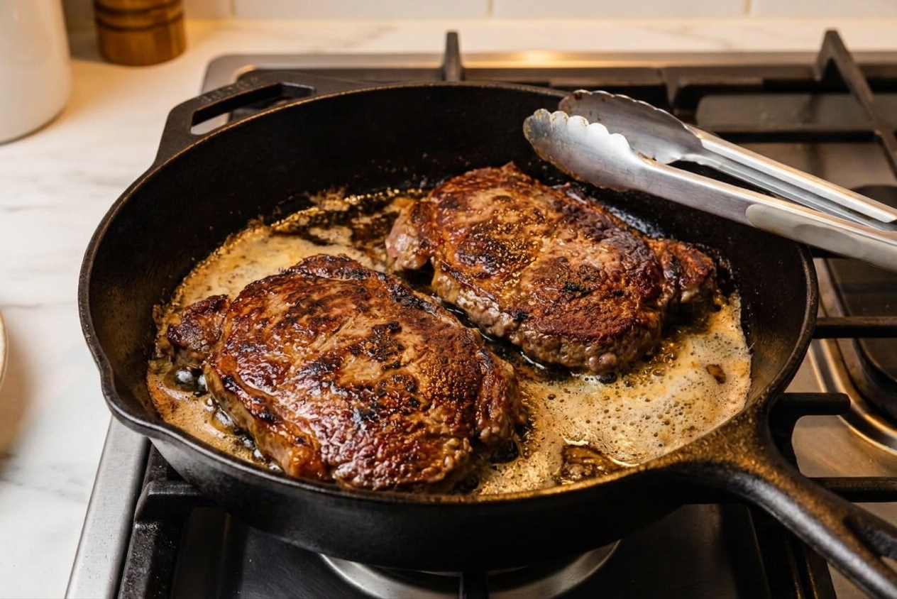 A cast iron skillet on a stovetop with two seared steaks developing a deep brown crust, butter foaming at the edges, and tongs resting on the pan handle in a warm home kitchen