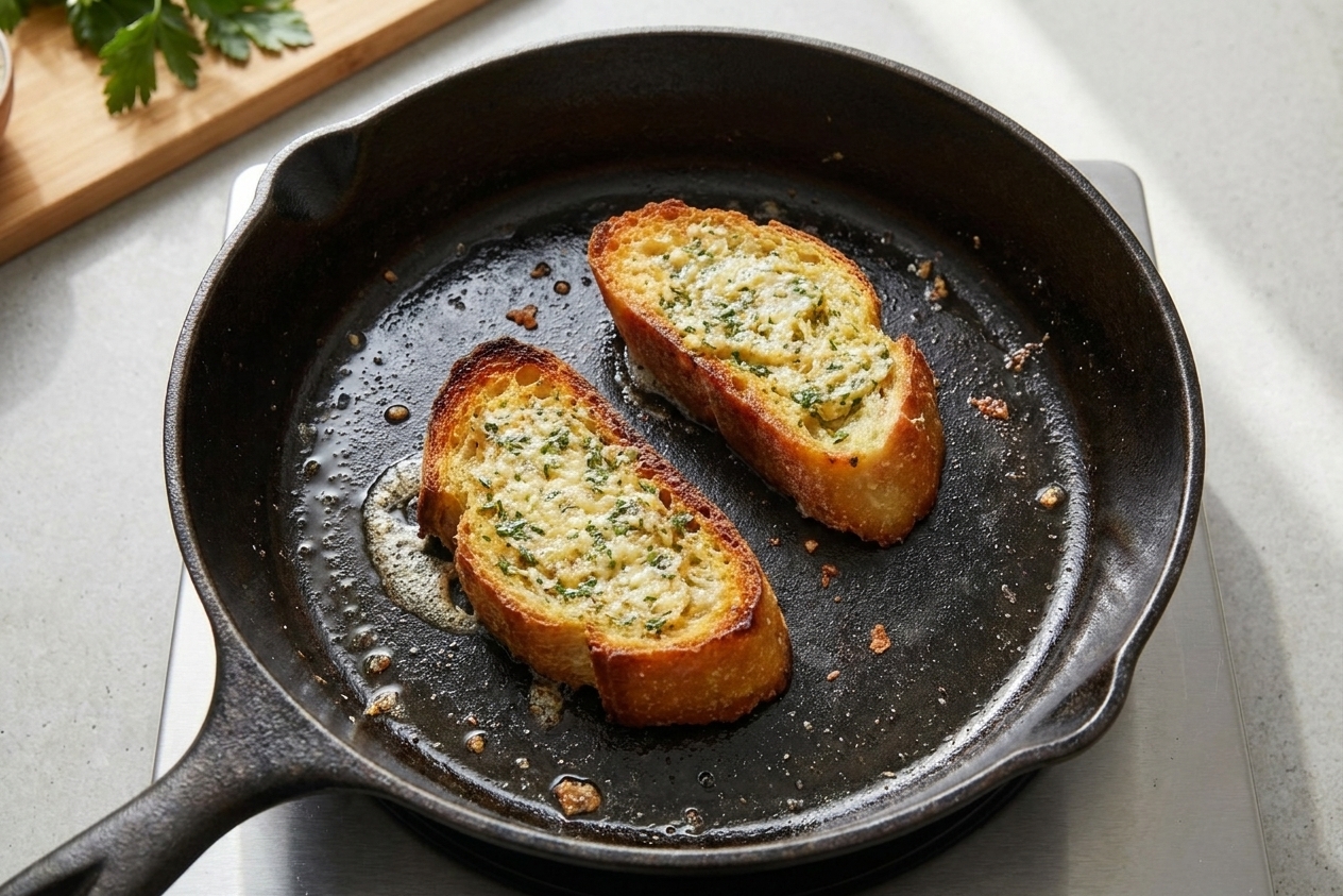 A cast iron skillet on a stovetop with two slices of garlic toast browning to a deep golden color