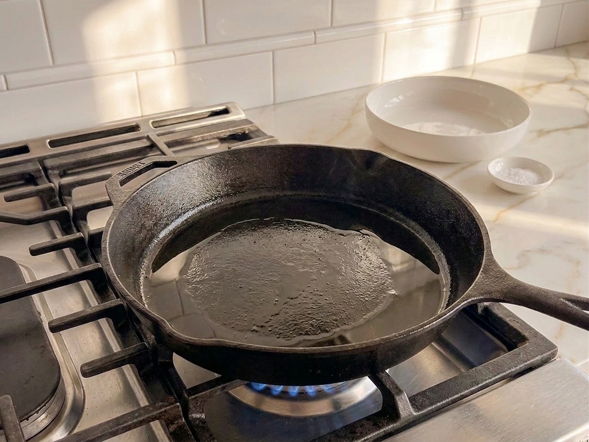 A cast iron skillet preheating on a gas stove burner with a light sheen of oil