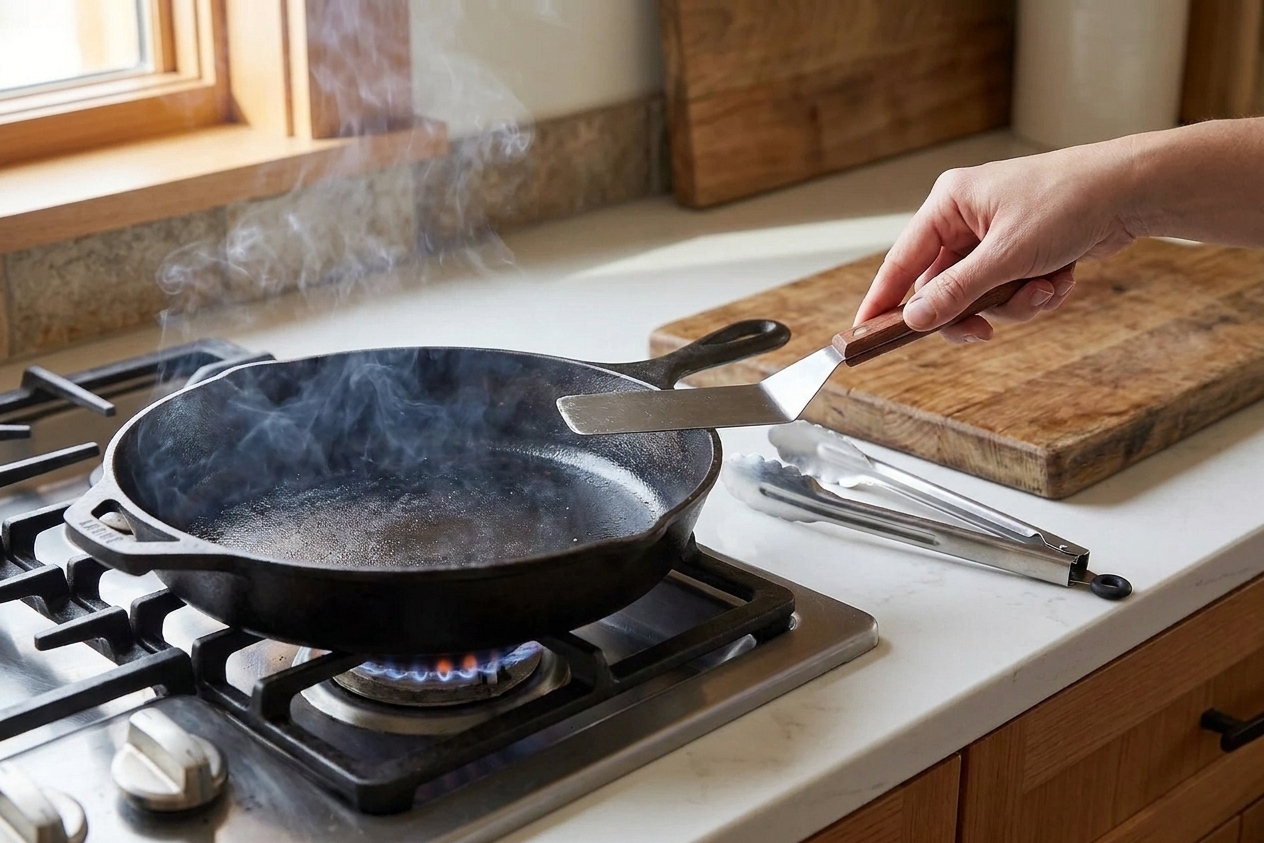 A cast iron skillet preheating on a home stovetop with a spatula and tongs nearby on a clean counter